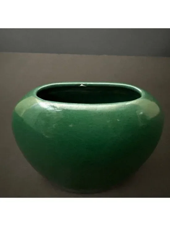 Vintage Green Ceramic Vase Glossy Finish Asymmetrical Oval Shape Modern Design - Picture 10 of 12